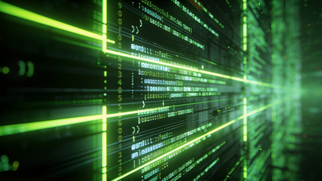 Camera moving forward, digital data wall sliding neon bars and highlighting streaming code for tech