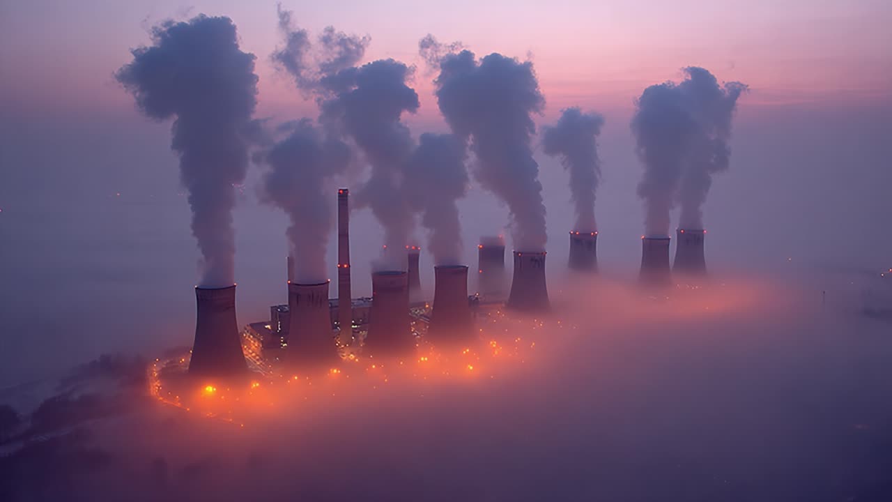 Aerial View of Smoke-Emitting Power Plant at Dusk: A Landscape Shrouded in Fog and Emissions, Revealing the Impact of Industrialization on Nature