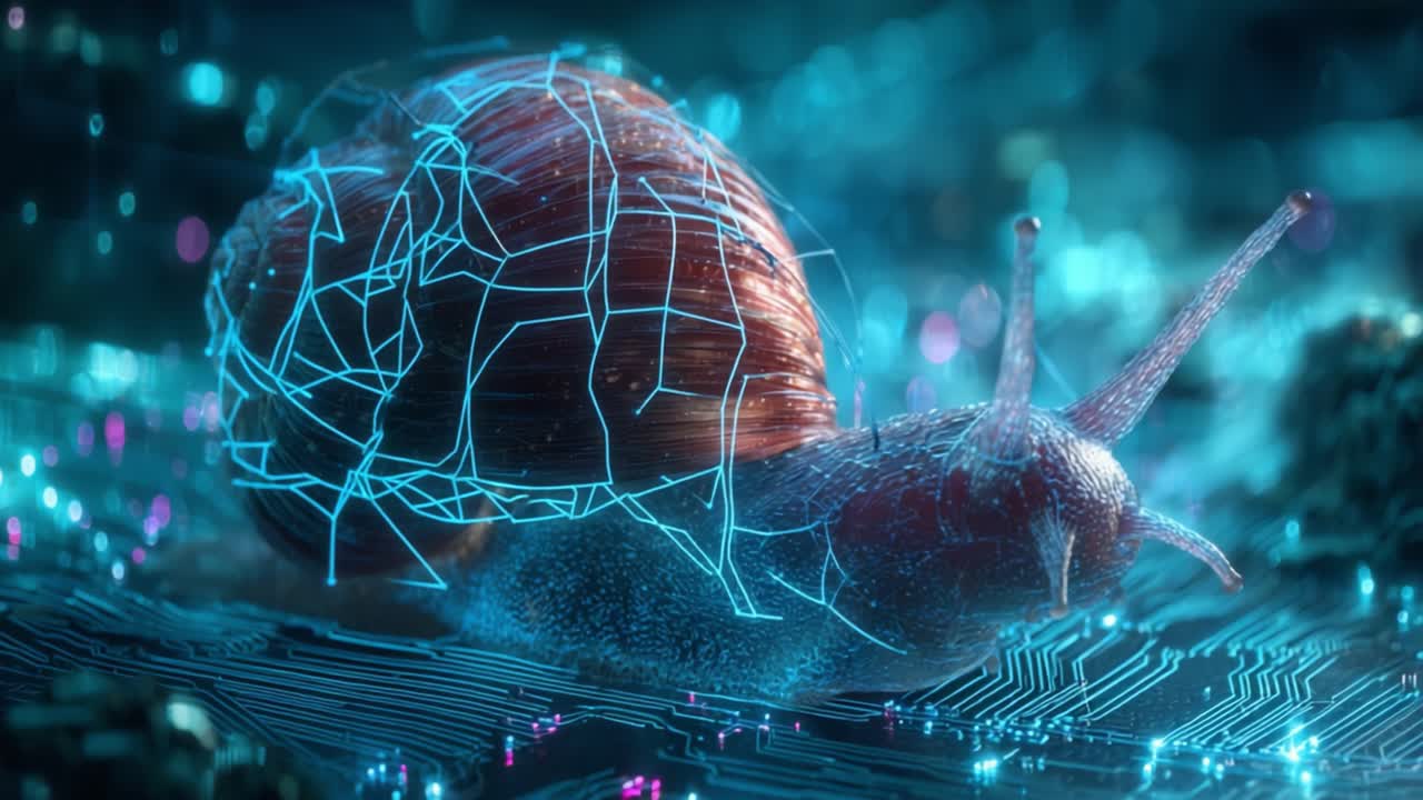 A Digital Snail Crawling Through a Circuitry Landscape: Merging Nature and Technology in a Stunning Visual Representation of Life in a Cyber World