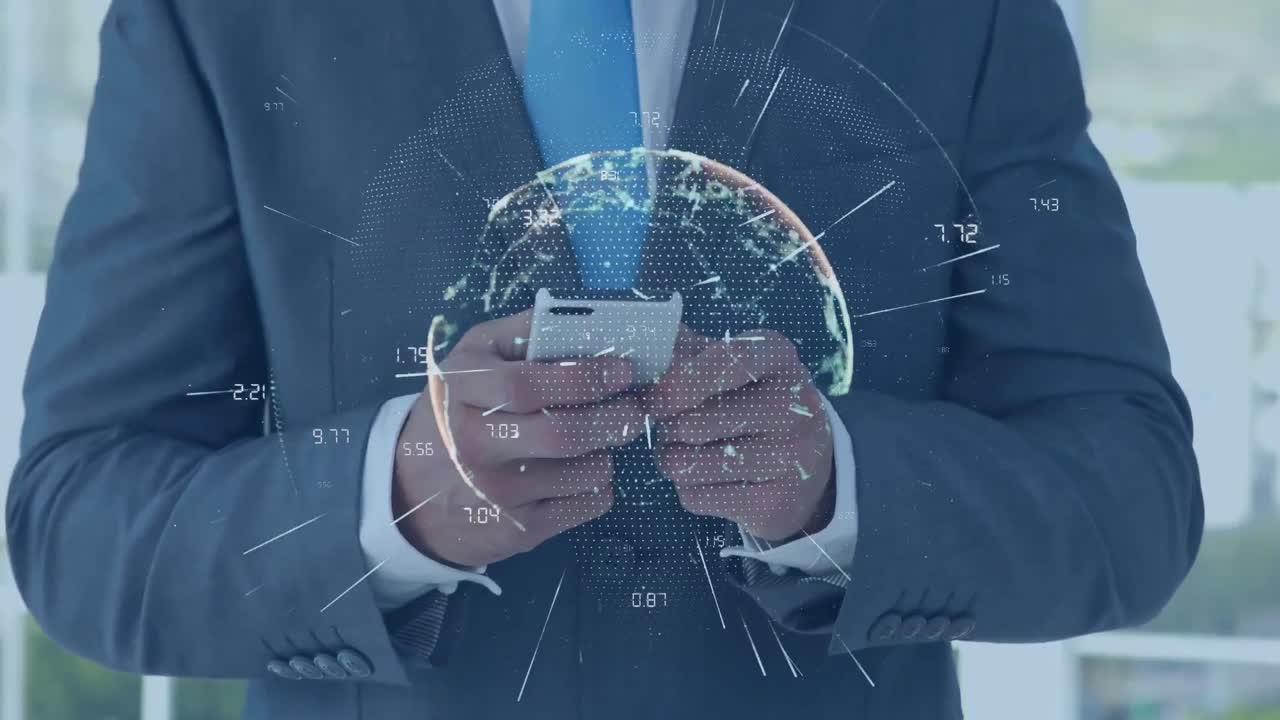 스마트 폰을 사용하는 비즈니스맨을 통해 커뮤니케이션 처리 데이터의 글로벌 네트워크의 애니메이션