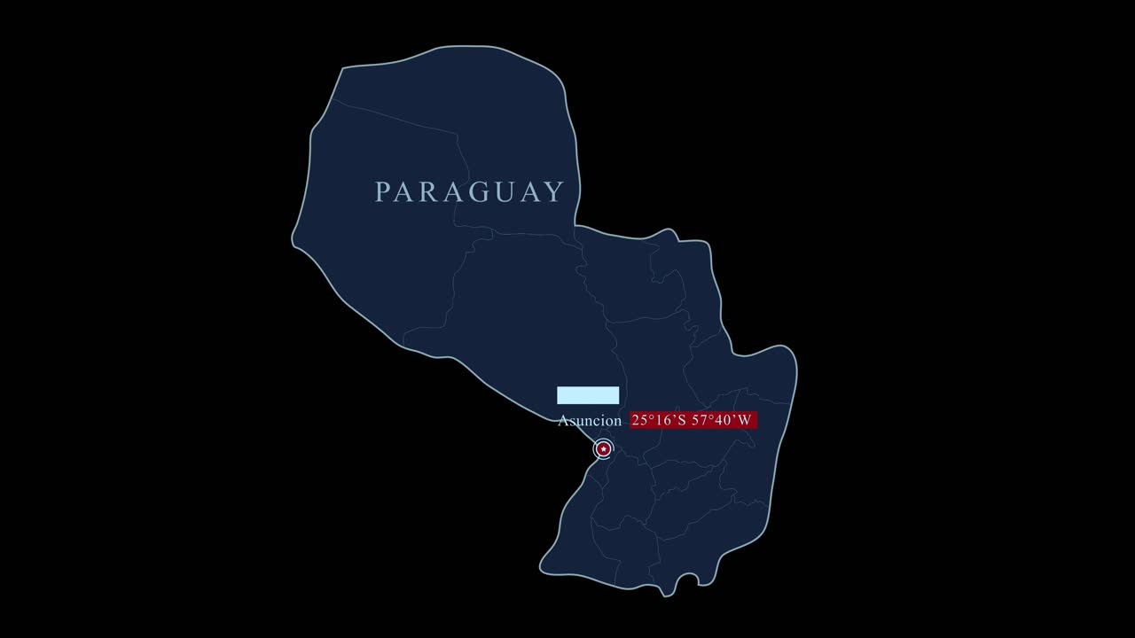 mapa estilizado azul de paraguay con la capital de asunción y las coordenadas geográficas en fondo negro