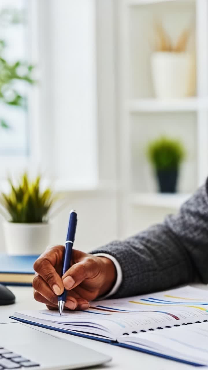 Persona concentrata che prende appunti con una penna in un elegante notebook, circondata da piante verdi e uno spazio di lavoro organizzato che simboleggia produttività e creatività