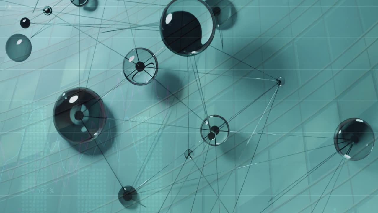 animación de la red de conexiones con círculos sobre el edificio de oficinas