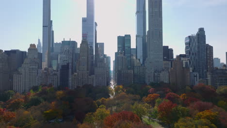 Forwards-fly-above-beautiful-colourful-trees-in-park.-Heading-towards-group-of-tall-modern-skyscrapers-and-wide-long-avenue-between-them.-Autumn-in-city.-Manhattan,-New-York-City,-USA