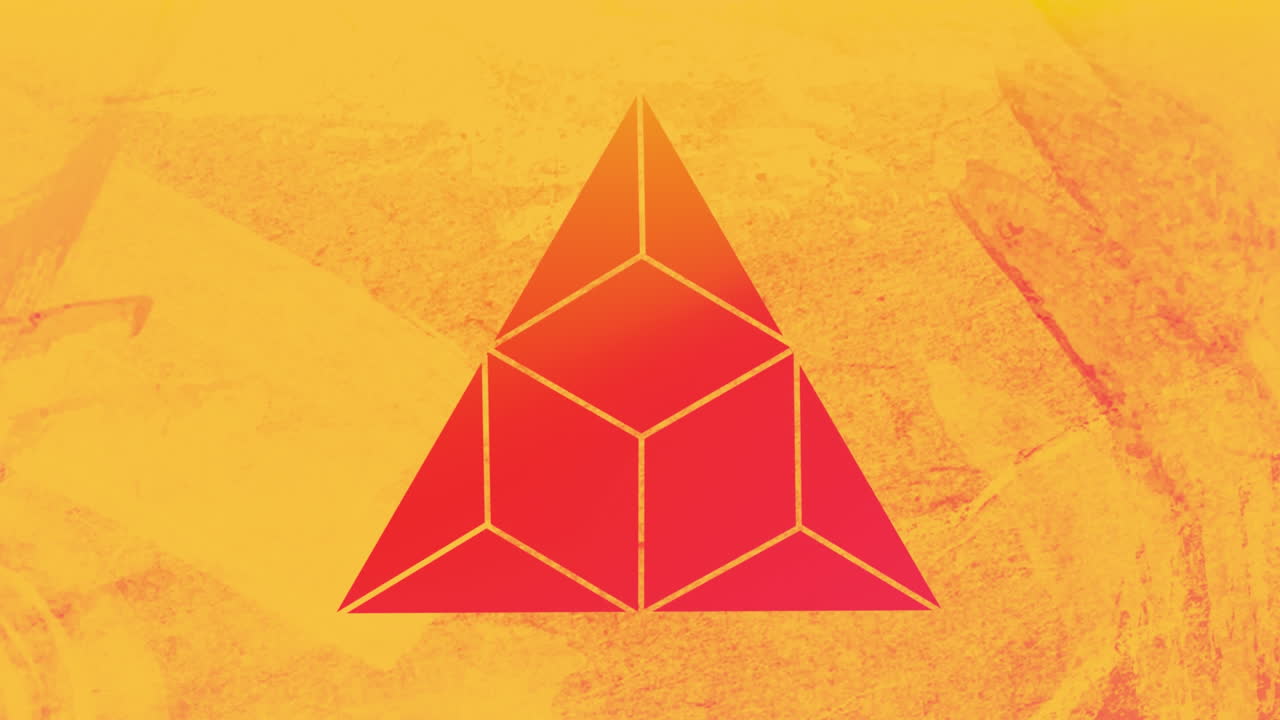 노란색 삼각형 모양의 전면을 통해 오렌지색과 분홍색 배경