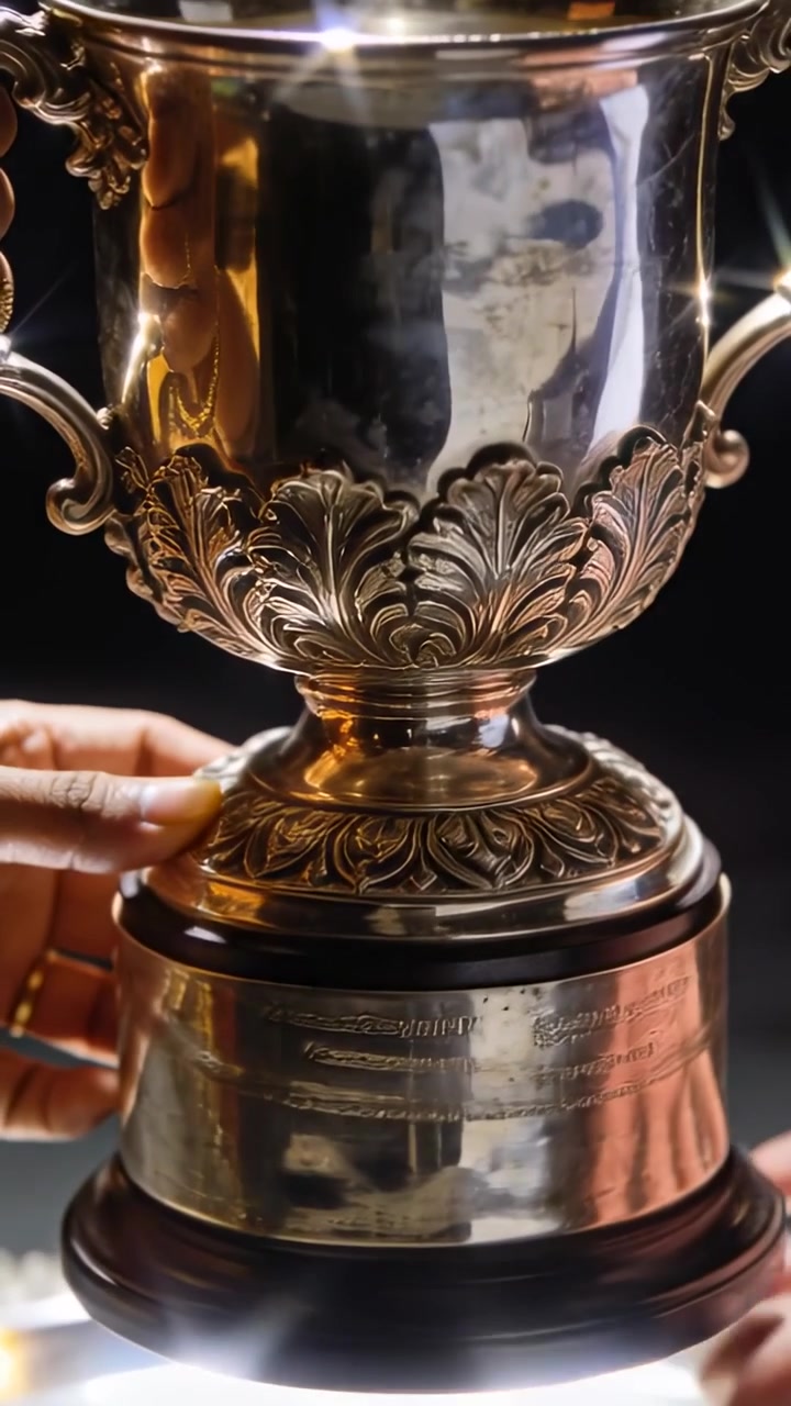 Video verticale: Due mani adulte che ruotano un trofeo d'argento ornato in uno studio, rivelando una targa