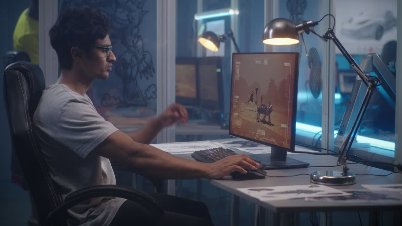 Man working on a computer with a space rover image on the screen