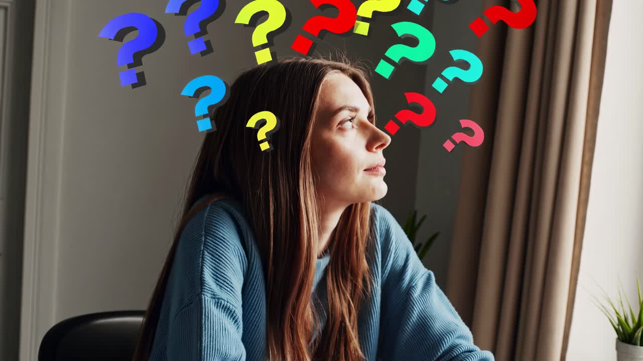 Woman in Thoughtful Pose with Question Marks