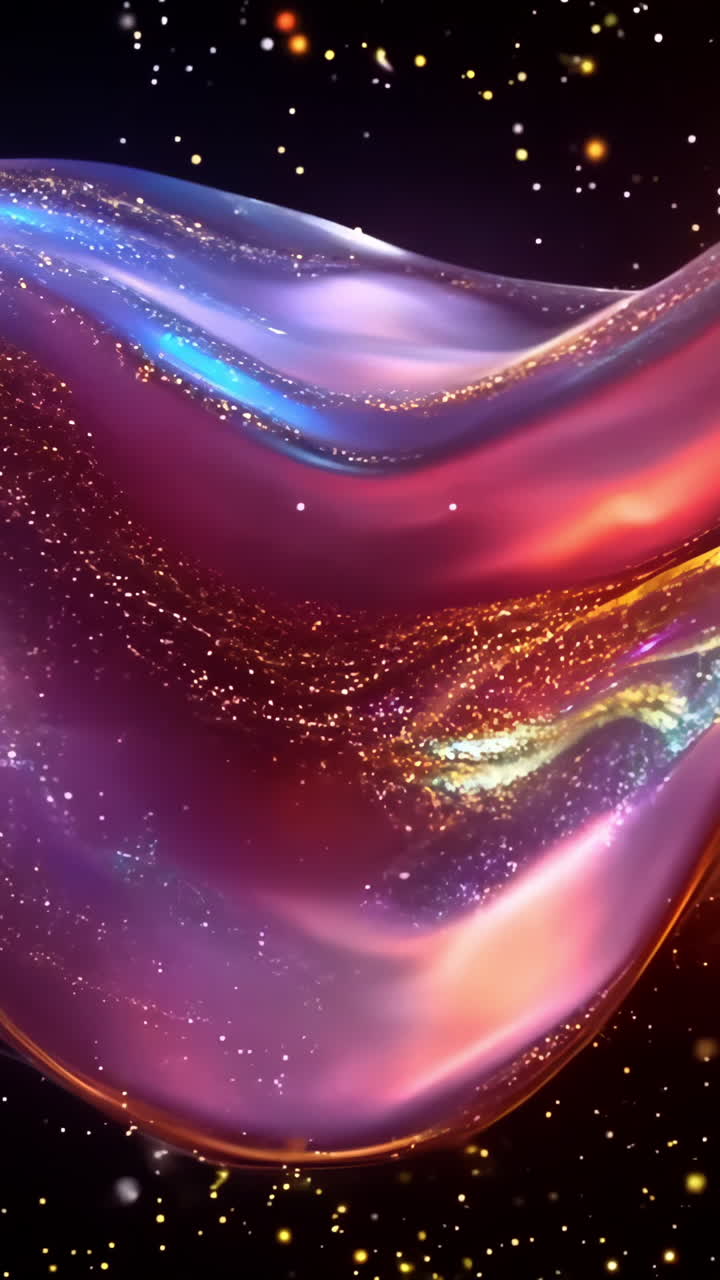A colorful, flowing wave of liquid with a starry background. The colors are bright and vibrant, creating a sense of movement and energy. The stars in the background add a sense of depth