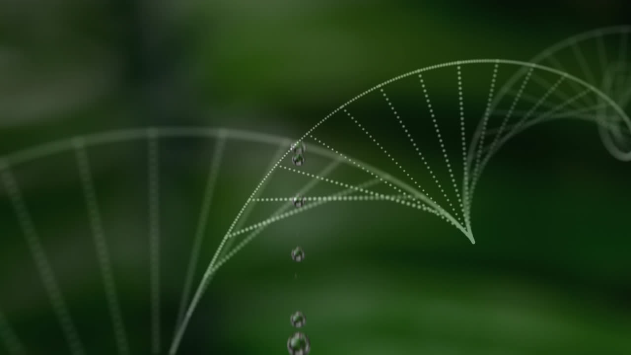 composición digital de la estructura del adn girando contra las gotas de agua que caen en el fondo