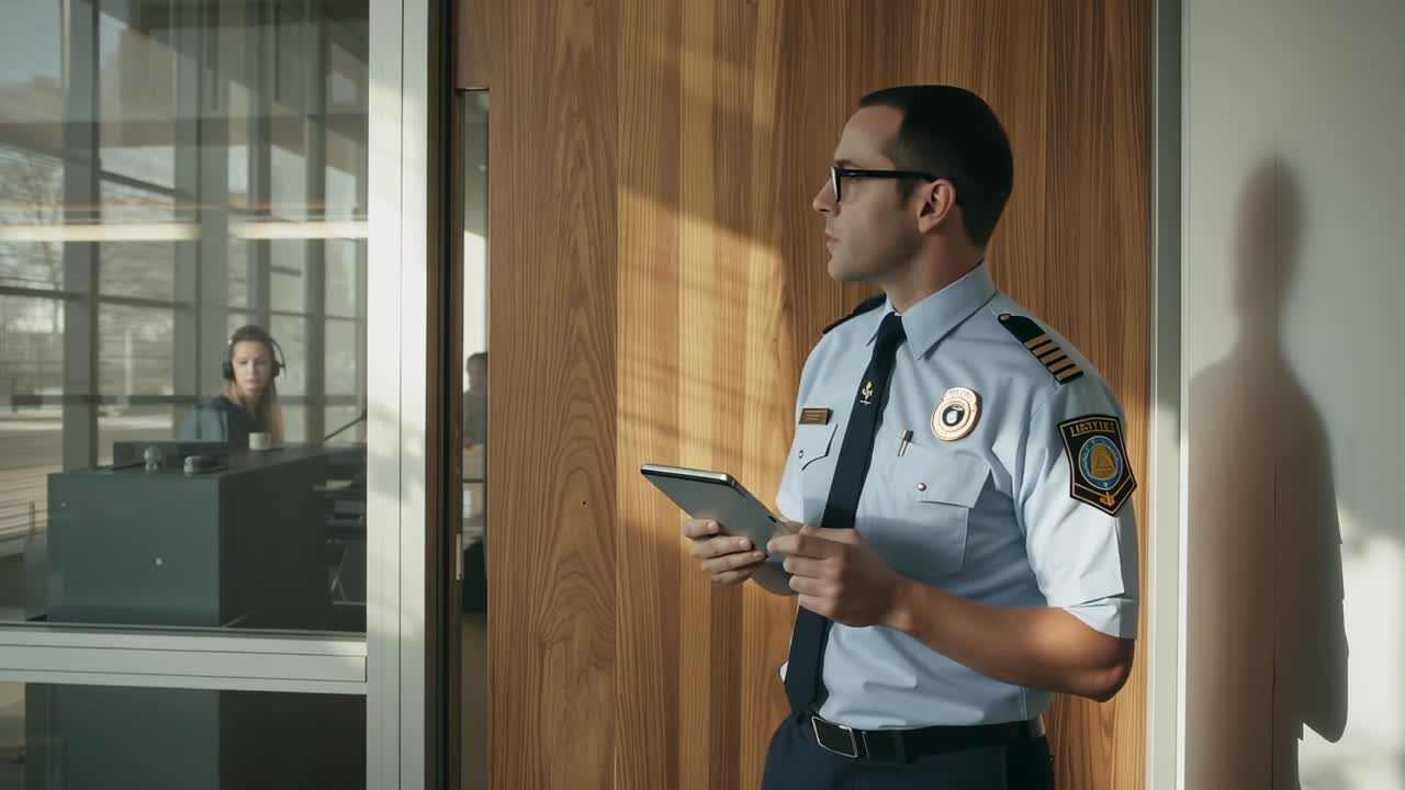 Reading uniformed security officer holding and adjusting tablet at lobby, monitoring office access