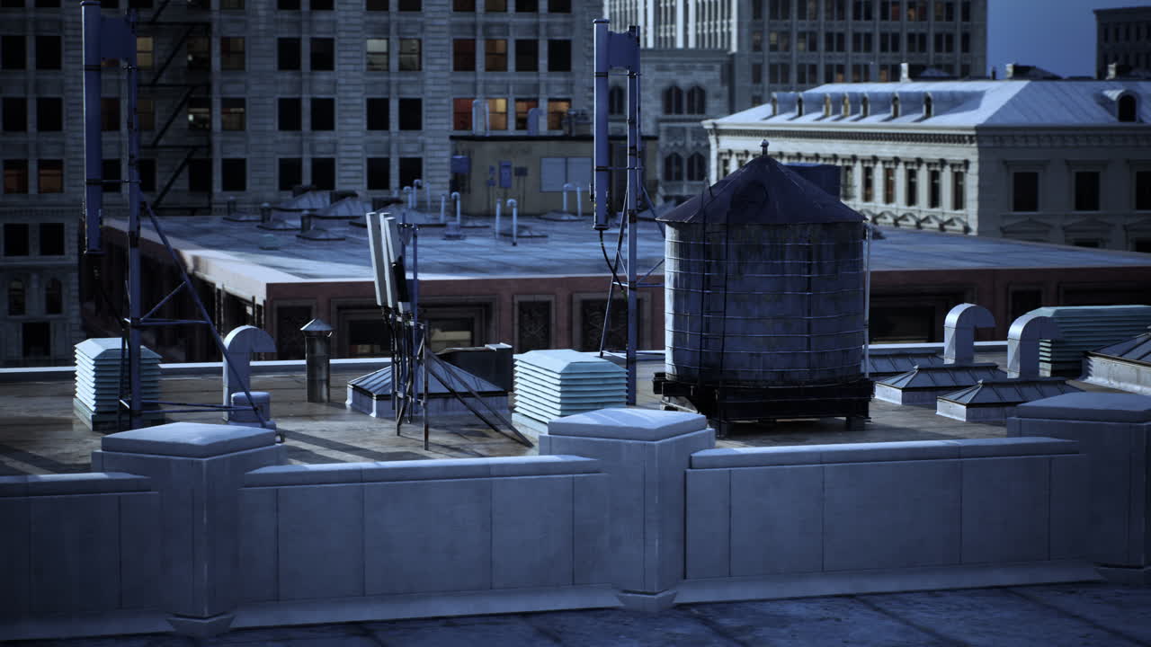 City Rooftop with Water Tower at Twilight