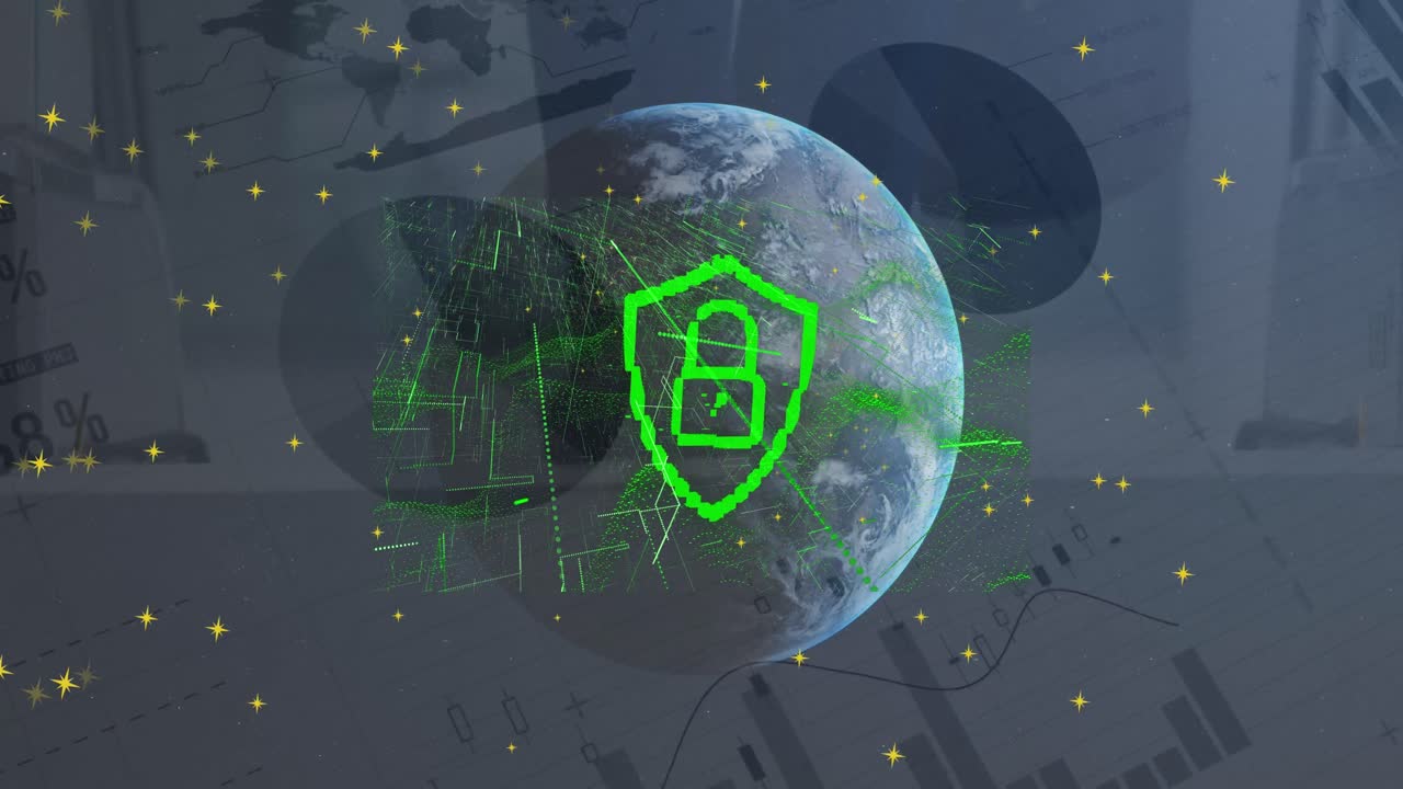 Animation of globe, connections and digital padlock over financial graphs