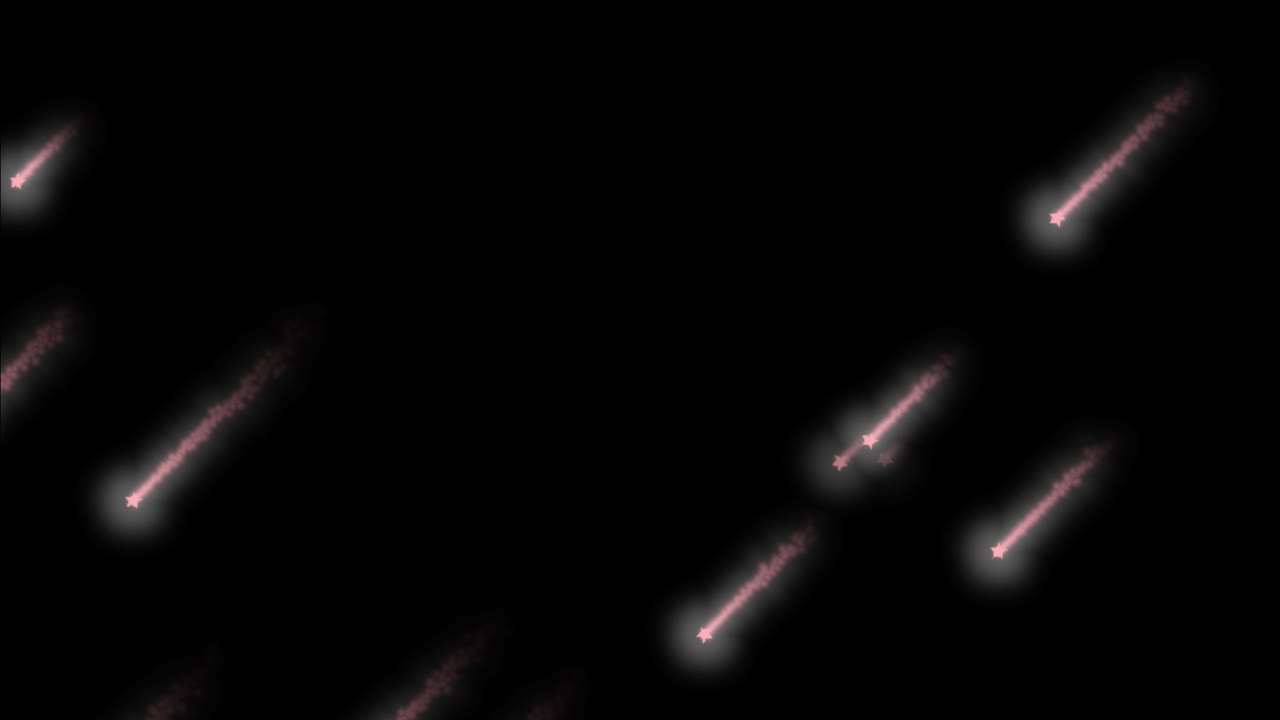 Dynamic 2D animation of stylized pink comets or shooting stars falling diagonally against a black background. Useful for space transitions and motion graphics