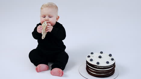 lovely cute caucasian baby in black suit holding a wooden sign with eight months inscription. delicious chocolate cake with blueberries is beside the kid. white backdrop.