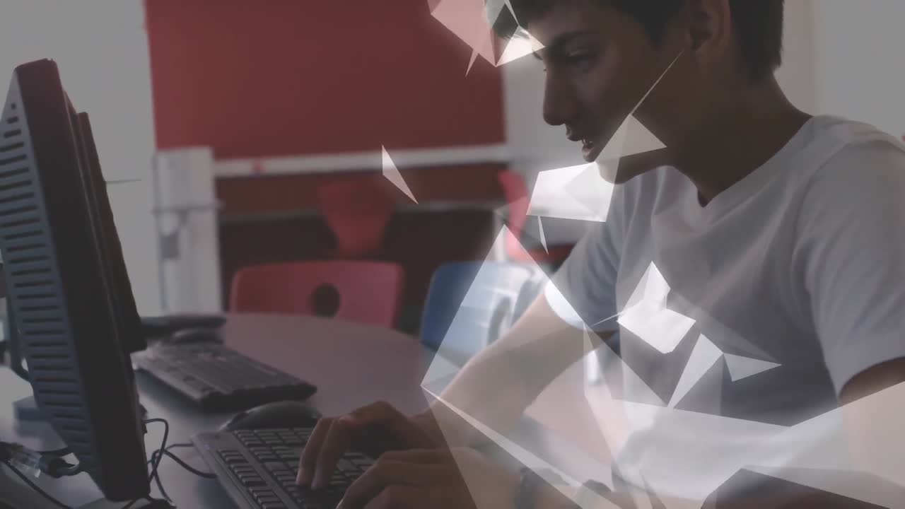 Animation of network of connections over male student using computer