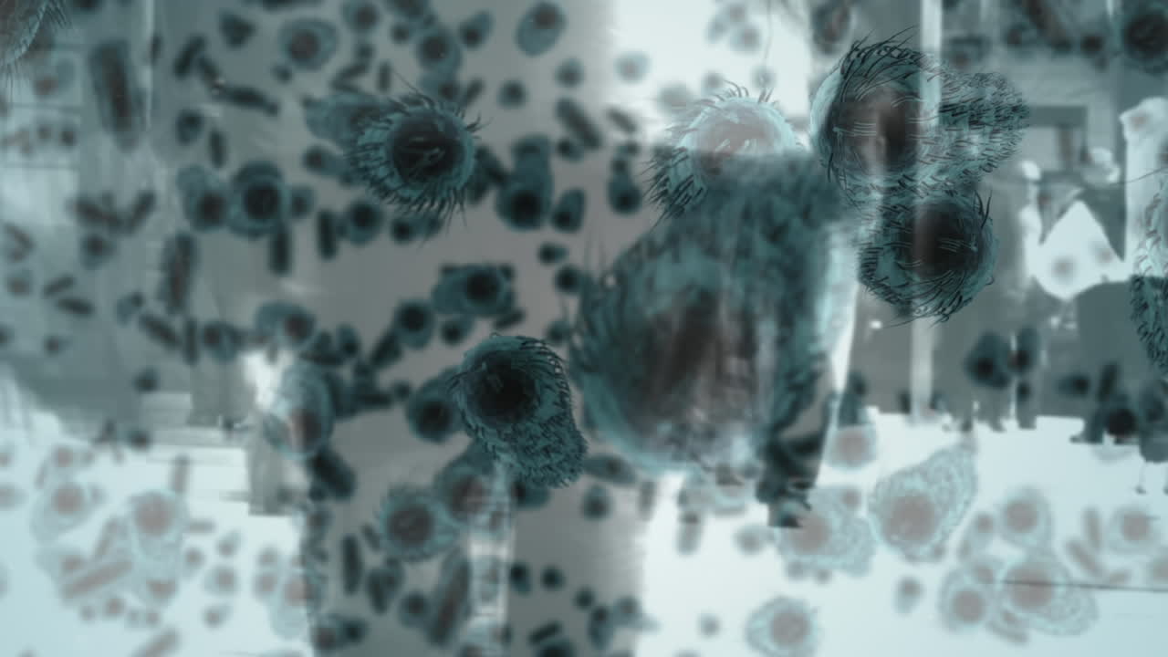 animación de virus de la corona azul y bacterias con personas en el fondo