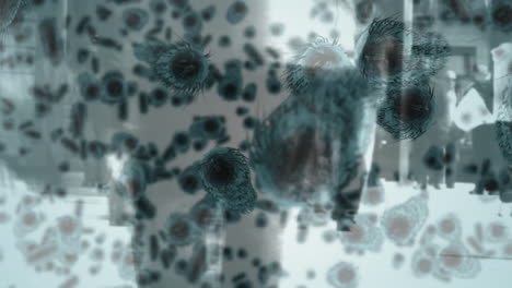 animación de virus de la corona azul y bacterias con personas en el fondo