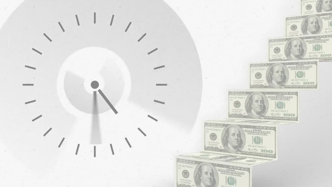 Animación digital de un reloj haciendo tic-tac y escalones de billetes de dólares americanos sobre un fondo gris.