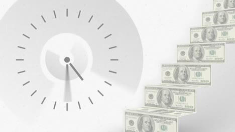 Digital-animation-of-clock-ticking-and-steps-of-american-dollars-bills-against-grey-background