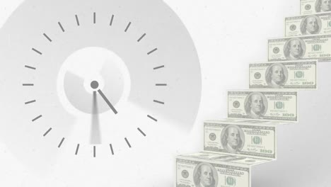 digital animation of clock ticking and steps of american dollars bills against grey background