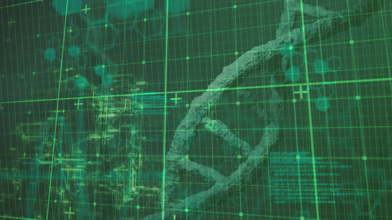 animación del hilado de cadenas de adn y procesamiento de datos sobre la cuadrícula