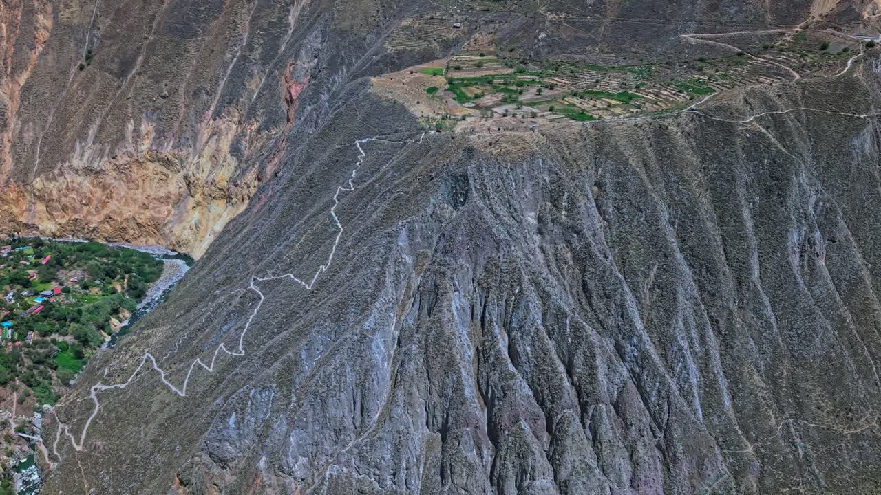 Filmato aereo di un drone di una lussureggiante oasi in fondo al Canyon del Colca in Perù, con un sentiero escursionistico visibile che si snoda attraverso un verde terreno agricolo, evidenziando la presenza umana, la coltivazione e la drammatica scala del canyon.