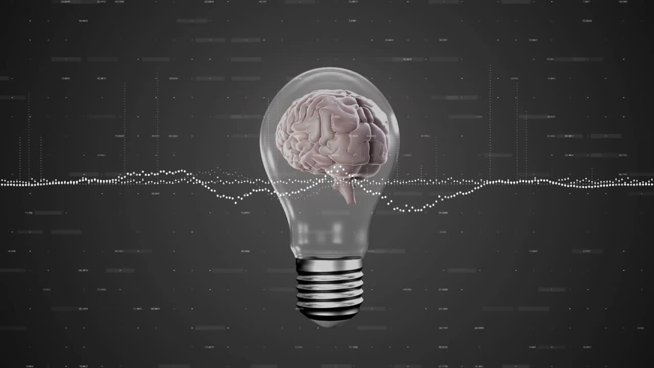 Animation of spinning brain in lightbulb over data processing