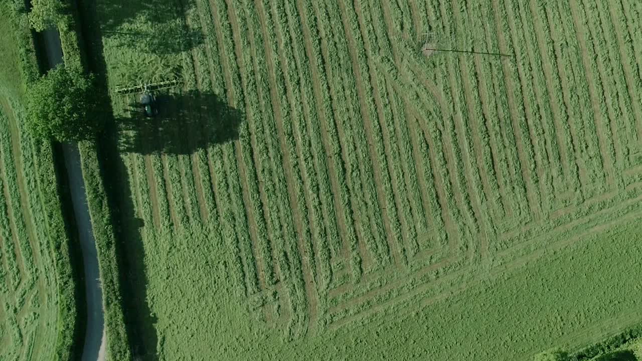 de arriba hacia abajo de un tractor henificando un campo inglés a finales de la primavera
