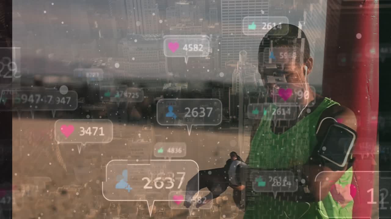 Animation of social media icons over man using smartwatch and cityscape