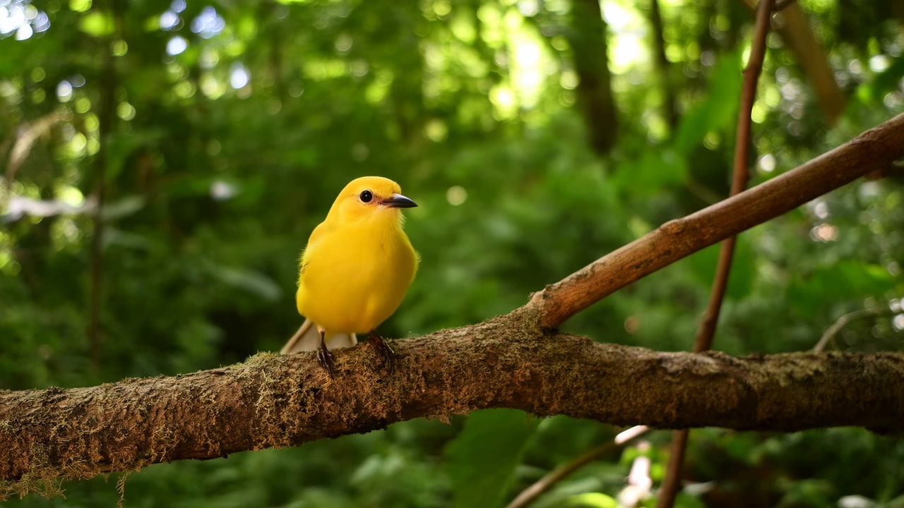 Piccolo uccello canoro giallo brillante si posa su un ramo coperto di muschio in mezzo al denso sottobosco verde, rivolto leggermente a destra con una postura attenta, luce soffusa della chioma, piume vivaci e un'ambientazione naturale calma.