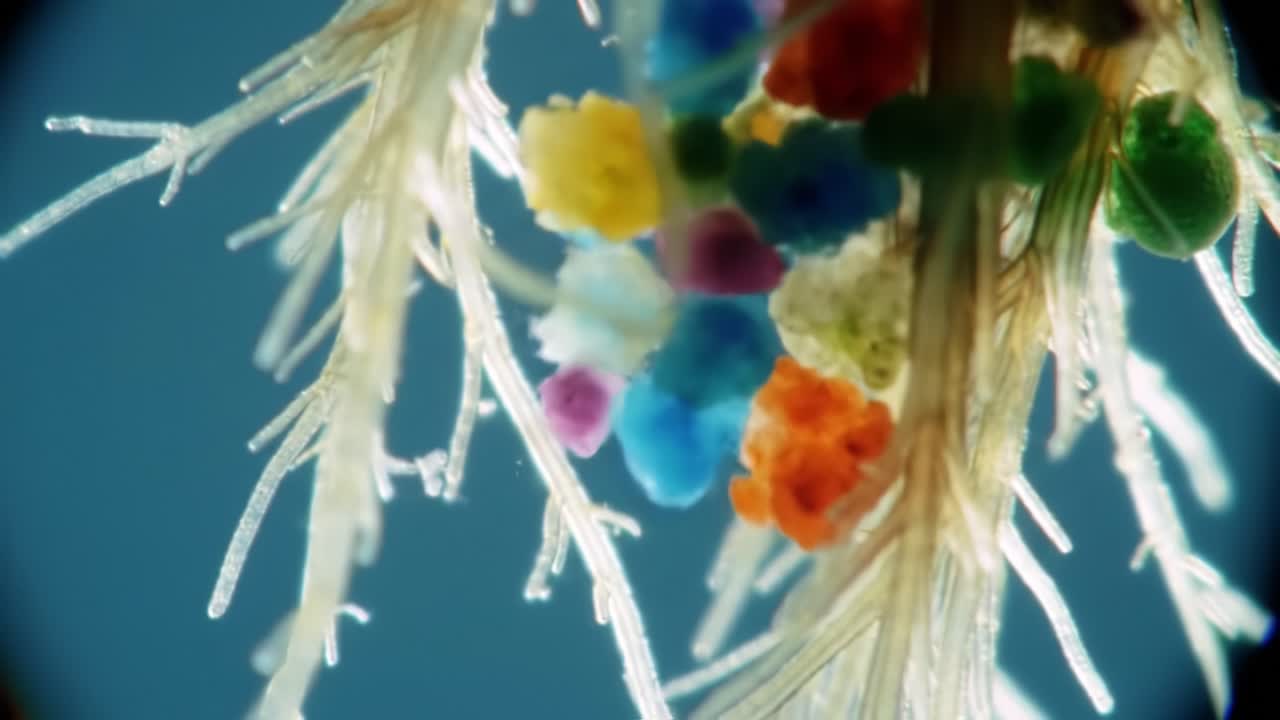 A Detailed Close-up of Colorful Microstructures Intertwined with Fine Filaments, Showcasing a Vibrant Spectrum of Organic and Inorganic Elements in Nature's Intricate Design