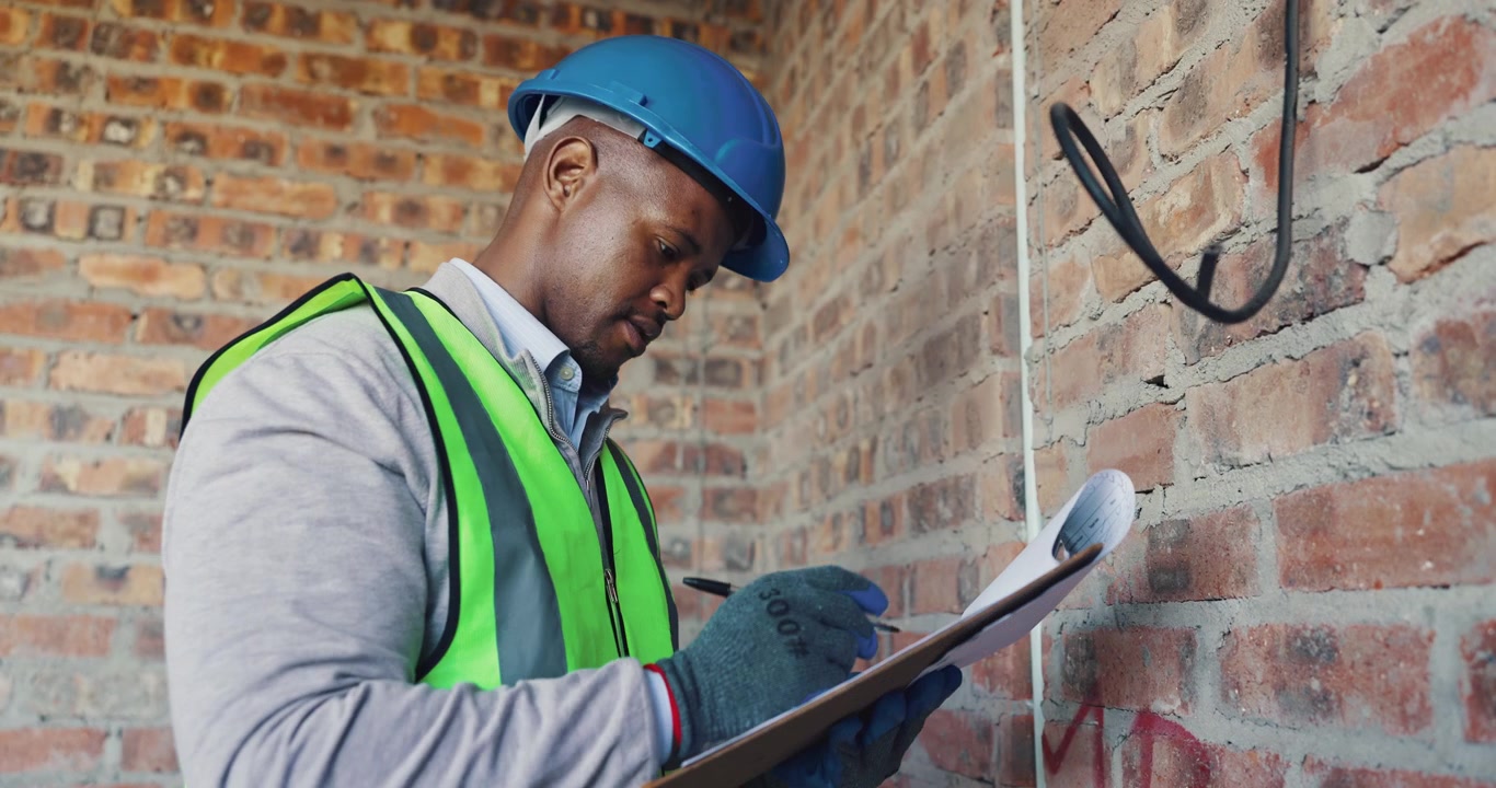 Construction Worker Inspecting Electrical Wiring on Brick Wall