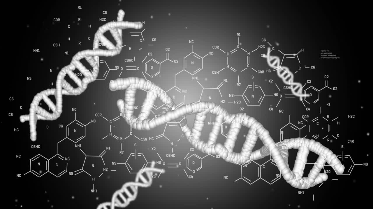Animazione di formula chimica e filamento di DNA su sfondo nero