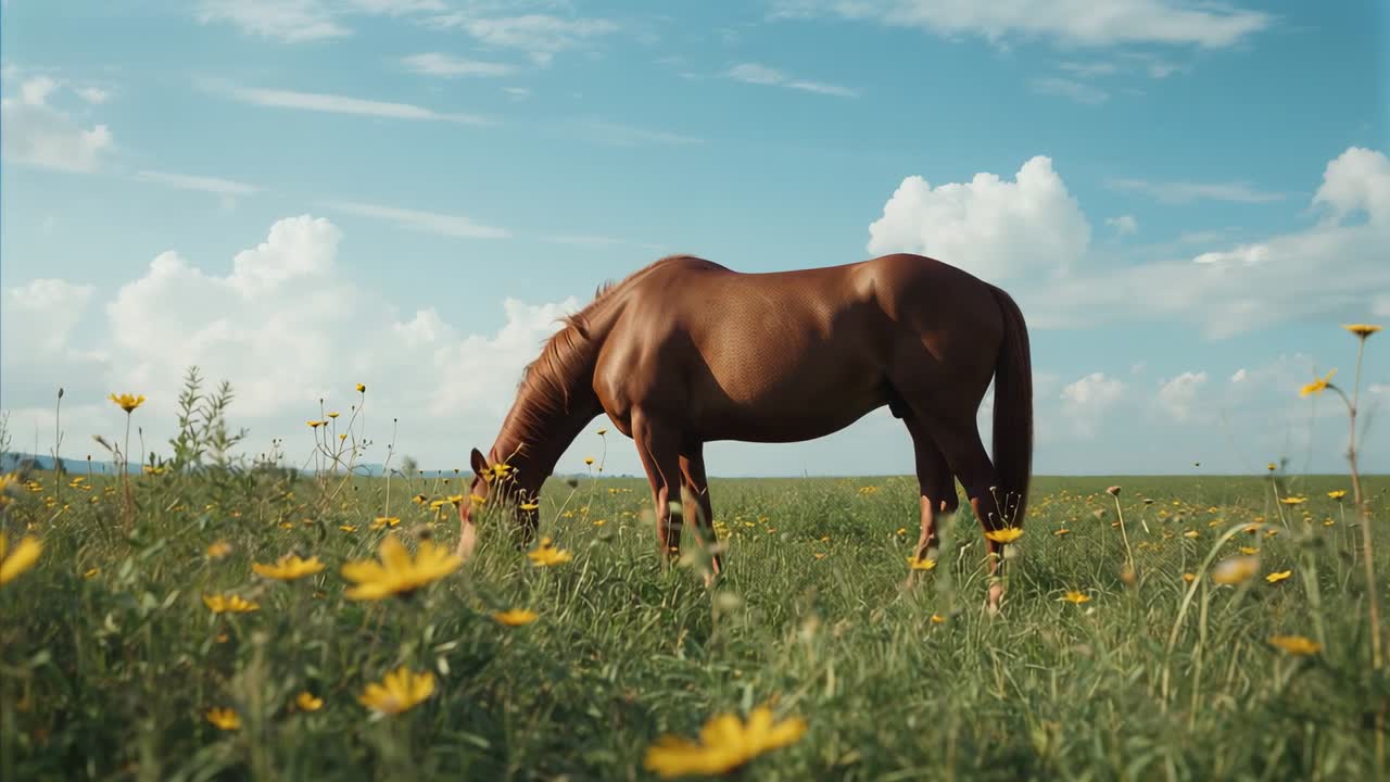 Brown horse raising head then grazing grass meadow, shifting stance with yellow wildflowers