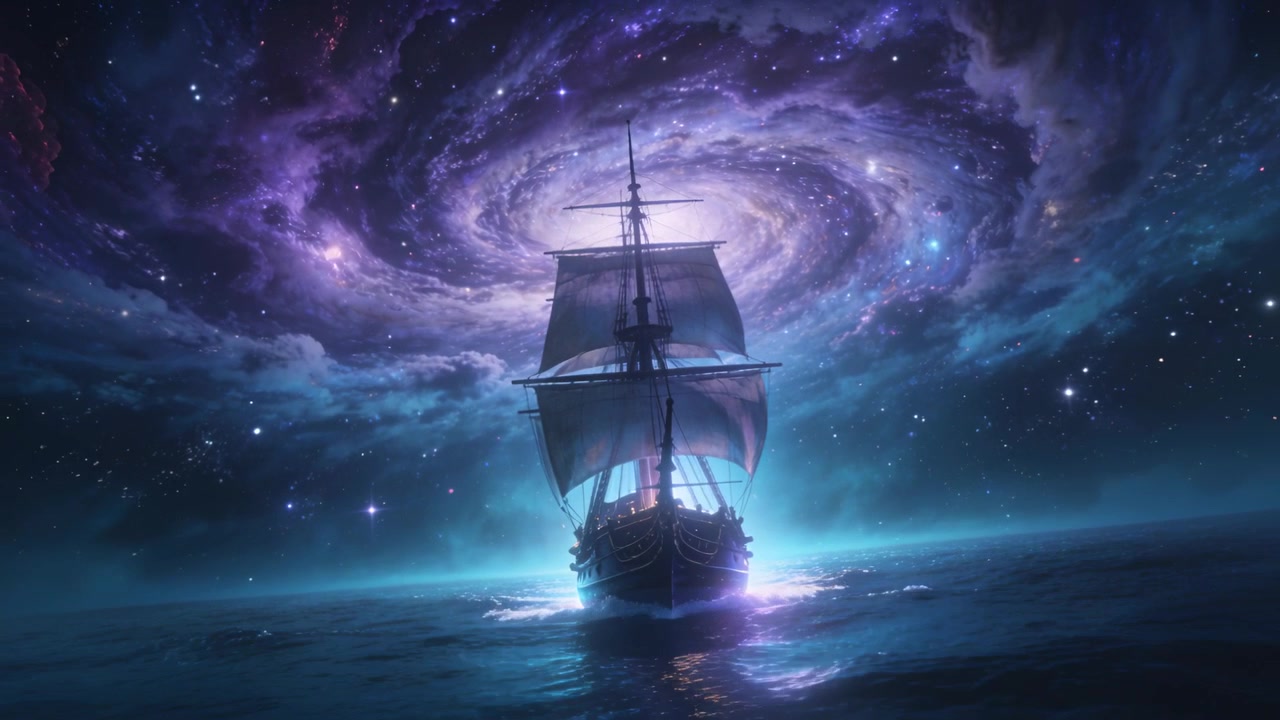 Wind filling sails, tall-masted ship cutting narrow wake across calm sea to glowing spiral nebula