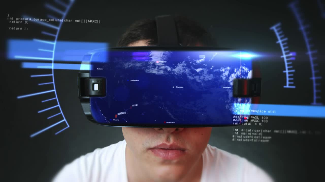 un joven guapo que usa auriculares vr y experimenta la realidad virtual.