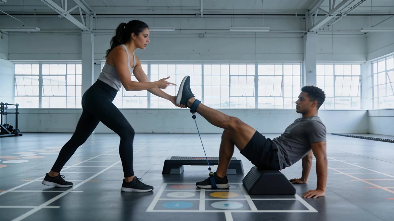 Coach in gray tank guiding client in studio, steadying ankle strap while extending leg for strength