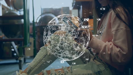 animación del globo con conexiones y procesamiento de datos sobre chica biracial usando tableta