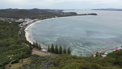 aerial shot of shoal bay, nsw australia