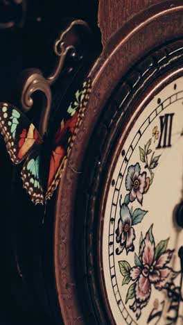 Close-up video angle of a vintage clock face with floral designs, showcasing Roman numerals