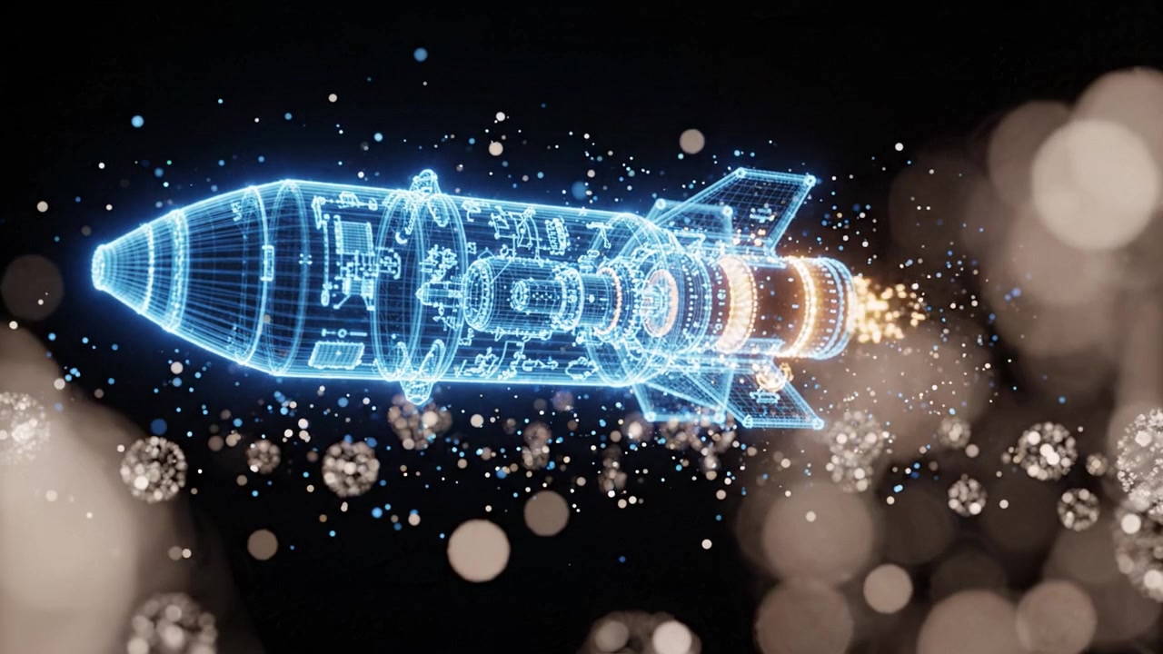 A Futuristic Rocket Launching with Bright Energy and Particle Effects, Showcasing Advanced Technology in a Stunning Digital Visualization
