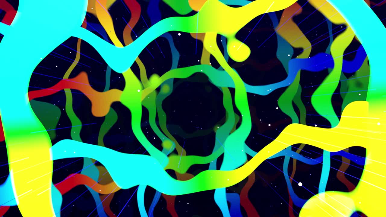 Motion graphic abstract colorful looped bg modern art, fly in art space, multilayer structure with pattern, glow particles and lines. Ornamental texture rainbow gradient color. Motion design vj loop.