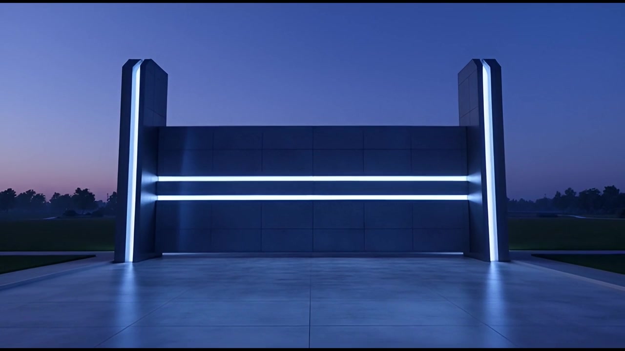 Moderne futuristisk bygningsfacade med glødende blå LED-lys i skumringen