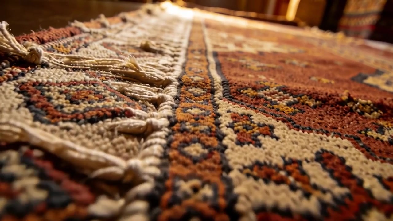 Starting camera moving along ornate rug at home, revealing fringe, medallion, window light