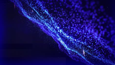 Animation-of-flashes-of-white-light-over-glowing-blue-particles-floating-on-black-background