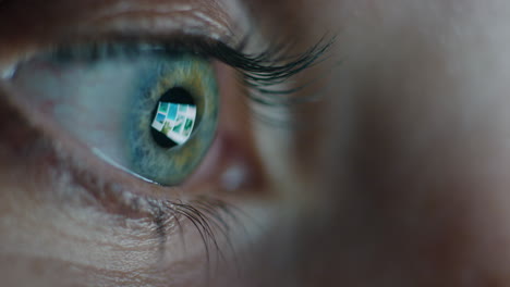 close up macro eye screen reflecting on iris woman browsing online at night