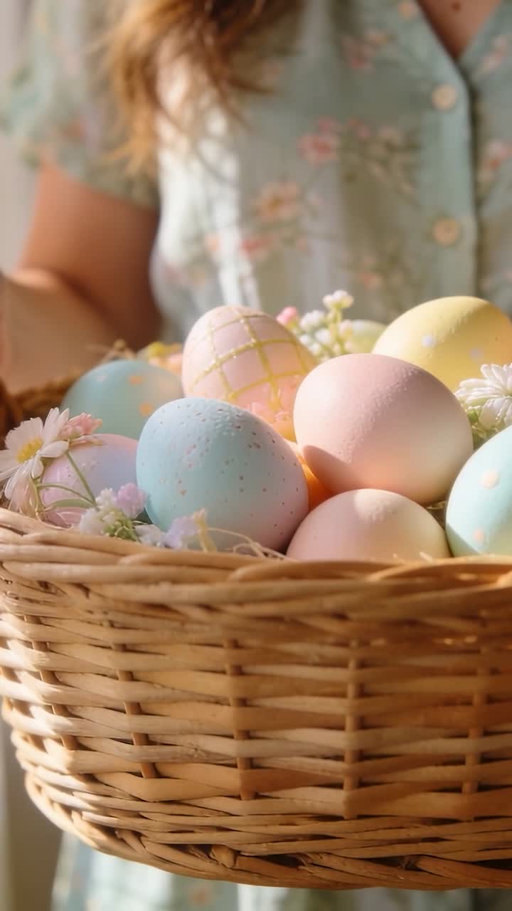 Vertical video: Woman in mint dress holding wicker basket as camera panning, showing pastel eggs