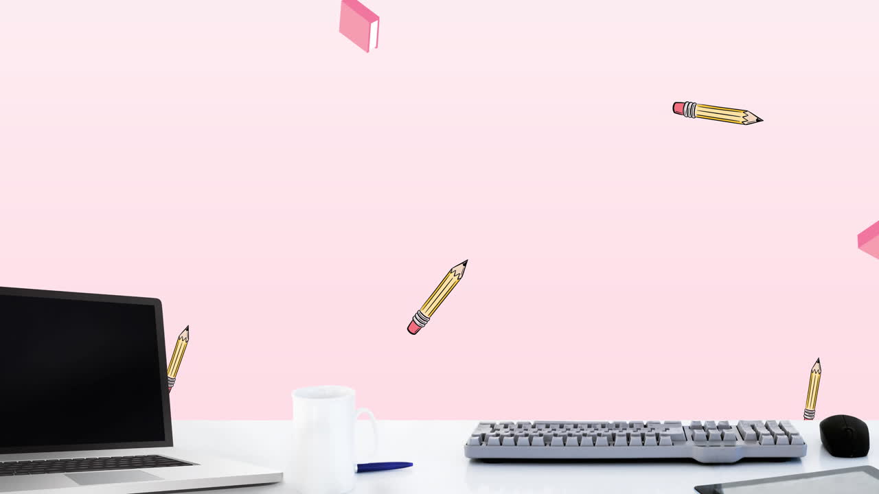Animation of laptop and office items on pink background
