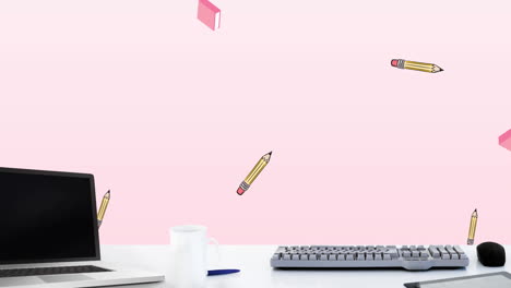 animation of laptop and office items on pink background